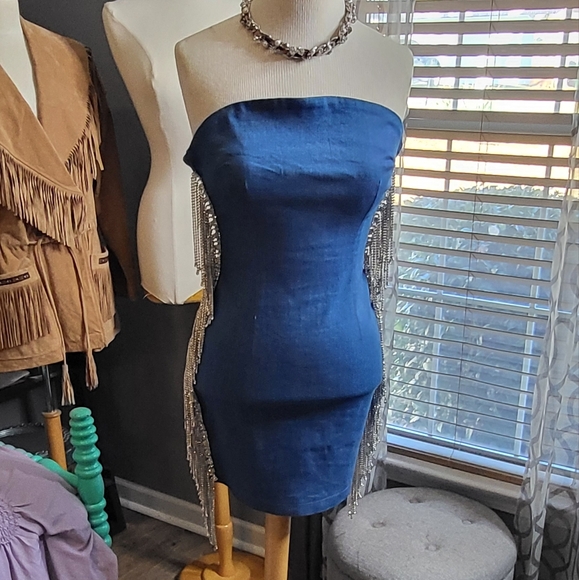 Fun and Flirty Akira Embellished Strapless Denim Dress - Picture 3 of 7